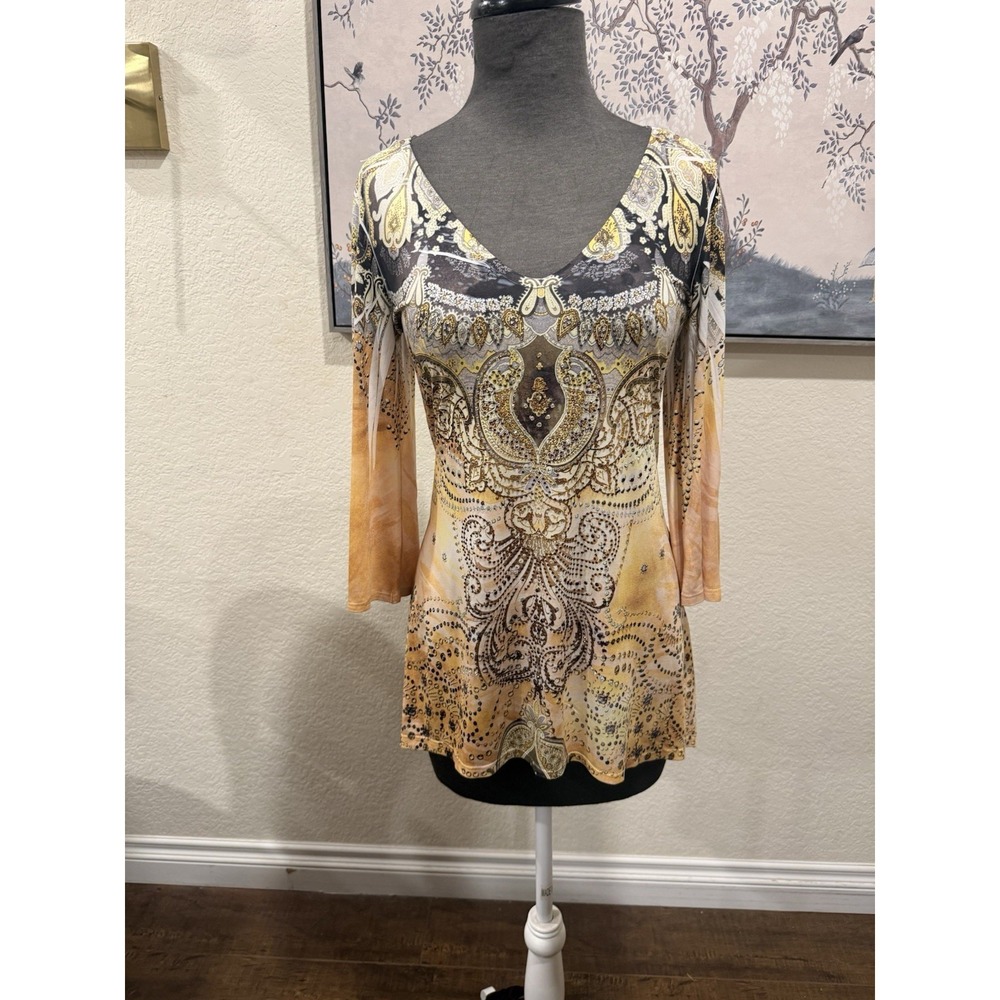 S-twelve Paisley Rhinestone Lace Tunic Blouse Yellow Brown S V-Neck 3/4 Sleeve